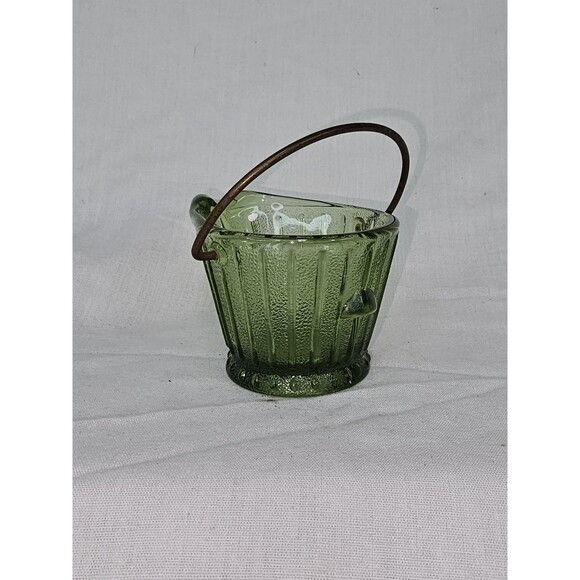 Vintage Green Ribbed Glass “Wash Bucket” Basket Metal Handle Mid-Century Decor - Picture 3 of 10